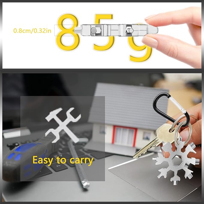 Snowflake Multitool, 1pcs Snowflake Tool Stainless Steel 18 in 1 Snowflake Multitool with Keyring and Storage Bag for Christmas Gift Men's Present(Silver）