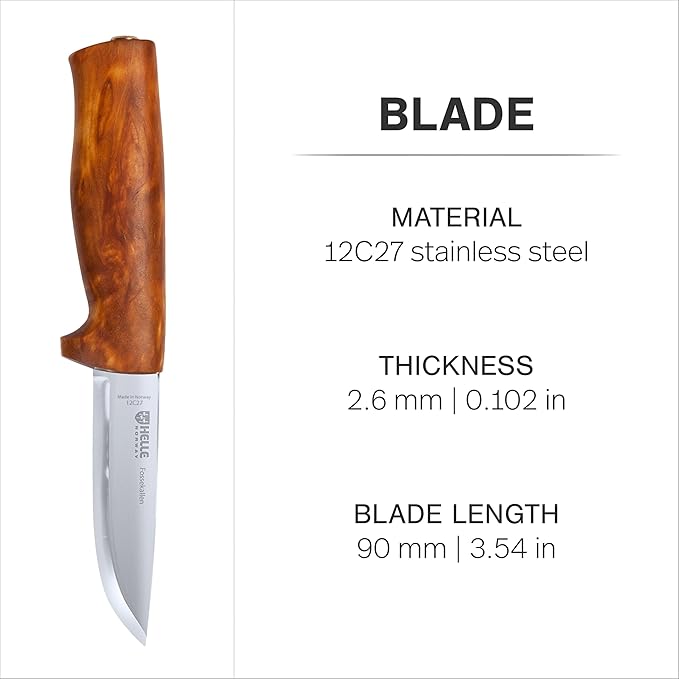 HELLE Knives - Fossekallen - Fixed Blade - Classic Knife - Birch Wood Handle - 12C27 Stainless Steel - Made in Norway