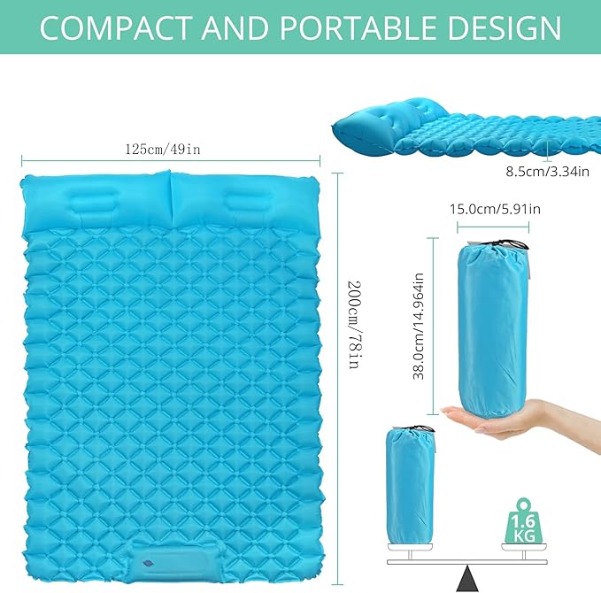 VINTEAM Double Sleeping Pad with Pillow Hand or Foot Self Inflating Camping Mat Durable 40D Nylon Camping Air Mattress Ultralight 2 Person Camping Sleeping Pad or Tent Hiking Camp Travel (Blue)