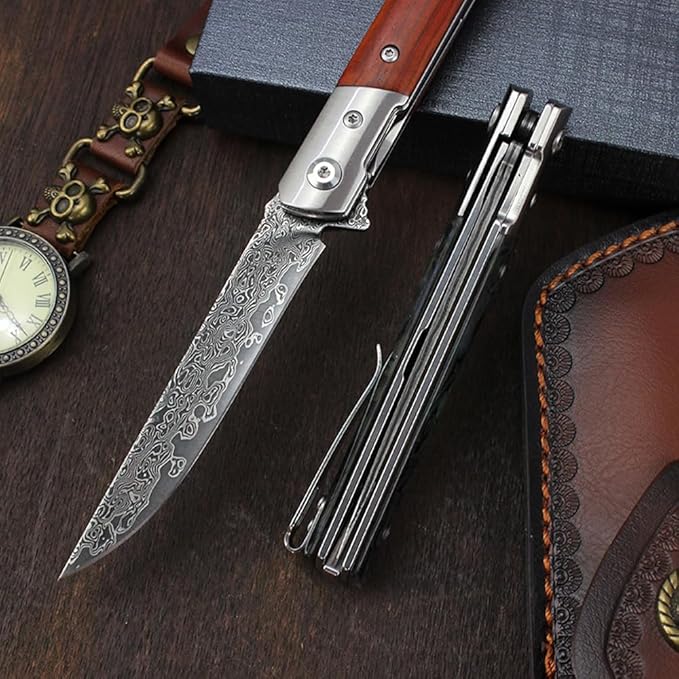 Damascus Steel Pocket Knife, Sharp VG10 Damascus Pocket Knife with Handmade Wood Handle, Leather Sheath, Ball Bearing, Liner Lock, Lightweight Damascus Folding Knife for EDC Men Women