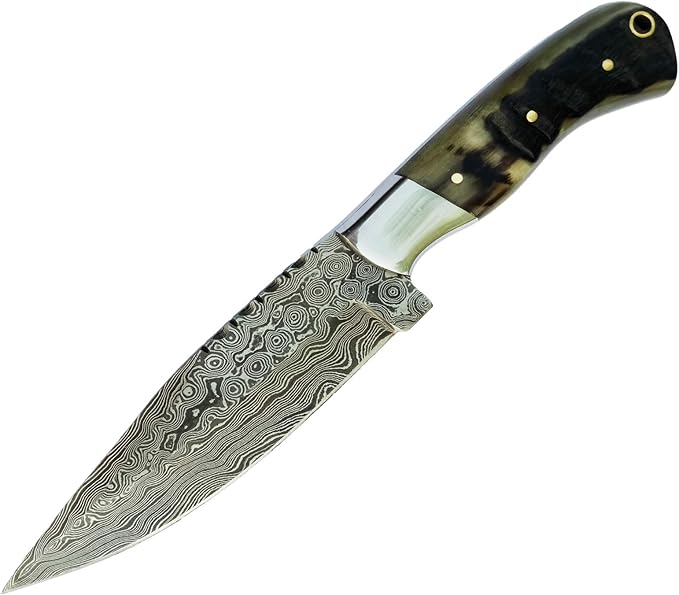 Nooraki HK-79 Handmade Damascus Skinner Hunting Knife 224 Layers Horn Handle with Leather Sheath Full Tang (9 inches, Ram Horn Handle)