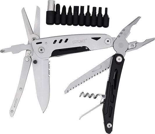 SZQHT Multitool Knife, Multipurpose Pocket Multi Tool Knives (22-in-1) with Detachable XL Spring-Action Scissors, Plier, Screwdrivers and Multi-tool Accessories for Men Survival,Camping, Fishing