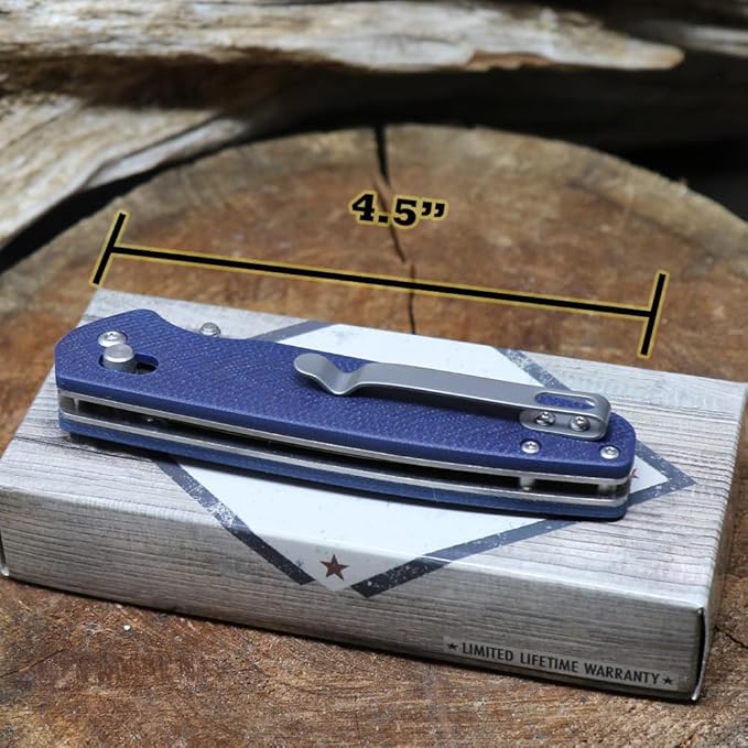 WHISKEY BENT HAT CO. Catch Pin Lock Folding Pocket Knife w/Clip Drop Point Blade Thumbstud Opening 440C Stainless Steel (Naval, 4.5" - Closed Length)