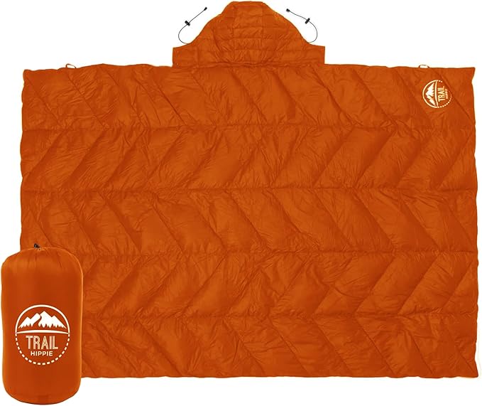 Luxurious Ultralight Down Camping Blanket | Perfect for Backpacking | Packable Puffy Outdoor Quilt with Hood & Pad Straps | Ideal for Travel Camping & Soccer Moms | 80x54 Orange