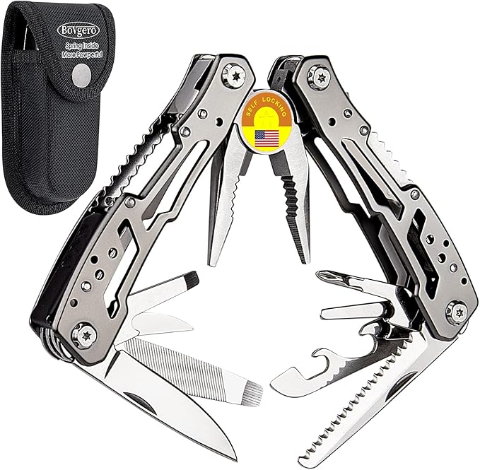 Self Locking Multitool Plier, 15 in 1 Handmade Multi Tool Plier with Nylon Sheath, Spring Inside Multi-tool, Birthday Christmas Father's Day Gift for Men Women Him Her Husband Boyfriend