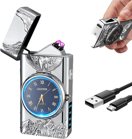 Cool Lighter with Clock Dial Electric Lighter with LED Power Display Plasma Lighter Windproof USB Rechargeable Lighter Gifts for Men Women (Eagle-Silver)