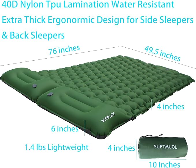 Double Camping Sleeping Pad for Camping Hiking Backpacking 2 Person Self Inflating Sleeping Mat Portable Ultralight Compact Green