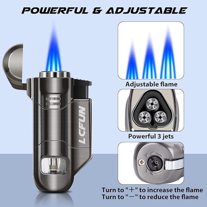 LcFun Torch Lighter 1 Pack Triple Jet Lighter Gas Fuel Refillable Butane Lighters Windproof Lighters for Camping, Incense, Fireworks (Gas Not Included)