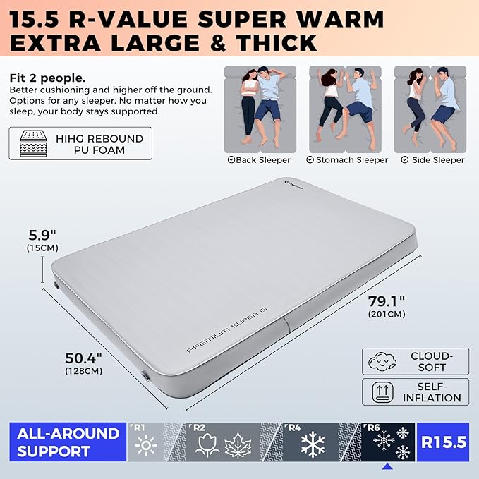 KingCamp Extra 5.9 INCH Thick Double Self Inflating Camping Mattress with 11 R-Value, Sleeping Pad Enlarge Foam Camping Pad, 4 Season Insulated Camping Mat for Tent, Car, Gray