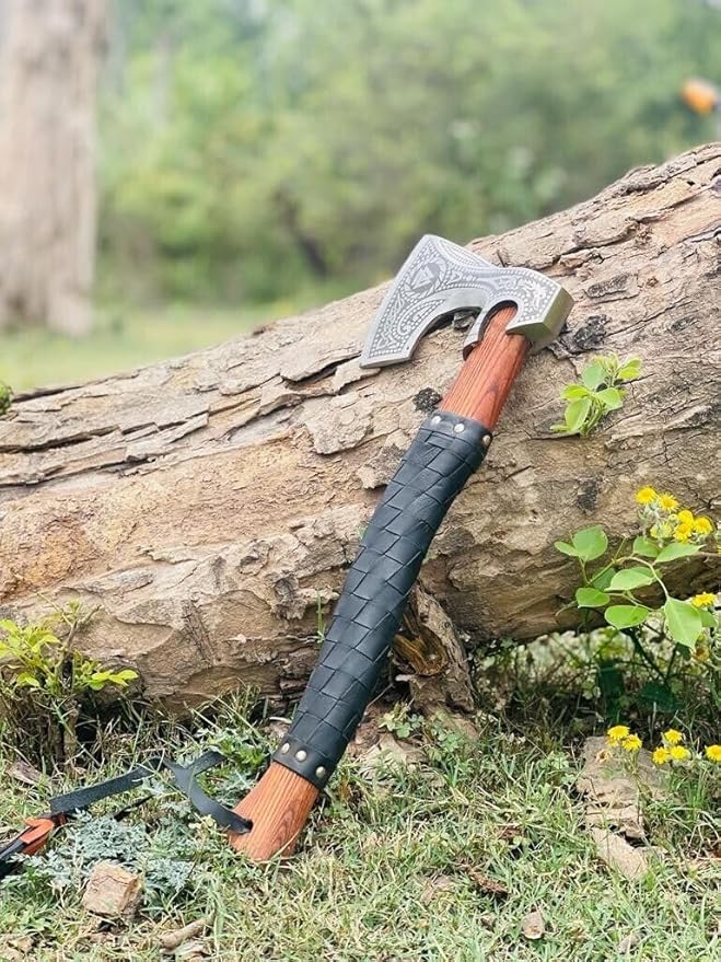 Bearded Axe Real Hatchet, Russian Valknut Wood Working Tool Viking Gift for Men for Outdoor Camping with Premium Leather Sheath (VH-01)