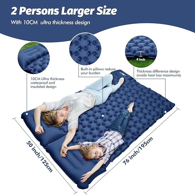 LAMA Double Sleeping Pad for Camping, 2 Persons Self Inflating Camping Mat for Sleeping, Ultralight Sleeping Mat with Pillow Built-in Pump, Ultra-Thick Air Mattress for Backpacking, Hiking, Blue