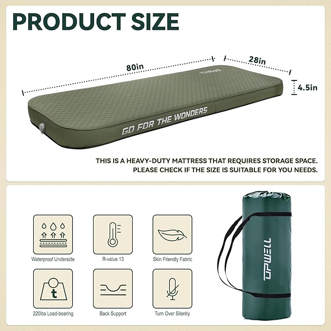 UPWELL Self Inflating Sleeping Pad 4.5" Thickness Camping Mattress with Solid Foam Single Sleeping Mat Portable Fast Inflation for Outdoor Mat Portable Roll Up Bed Green