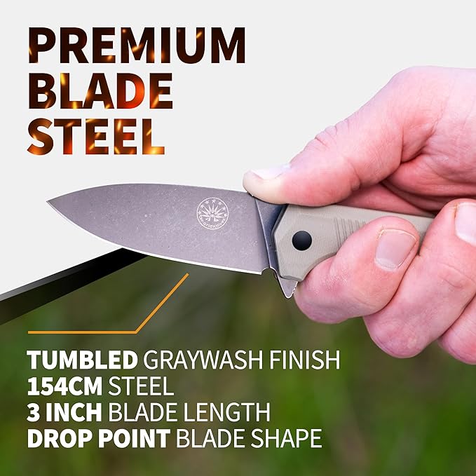 Off-Grid Knives - Stinger EDC Folding Knife with Drop Point Blade, Full Flat Grind, Crucible 154CM Steel, G10 Scales, Deep Carry Clip, Everyday Carry (Coyote)