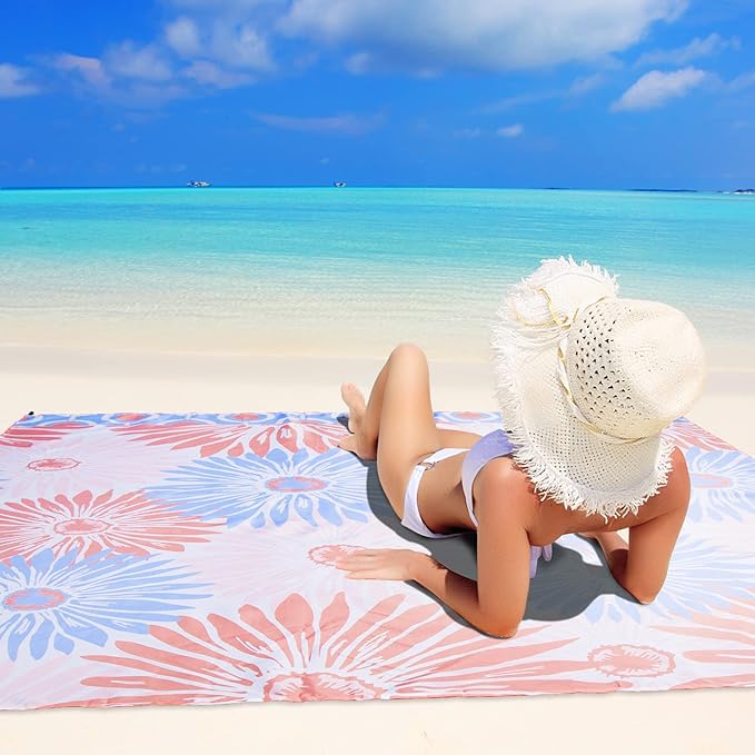Airensky Beach Blanket, Sandproof Beach Mat 79" X 82" for 4-7 Adults, Large Waterproof Beach Blanket Lightweight Outdoor Blanket with 4 Stakes Beach Essential for Camping Travel Vacation(Pink Flowers)