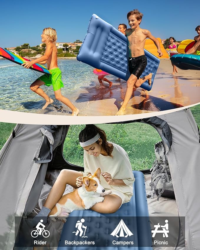 Camping Sleeping Pad, Inflatable Air Mat 5" Thick with Pillow, Built-in Foot Pump, Waterproof Layer for Pool Float, Beach, Hiking, Traveling, Tent (Blue Gray)