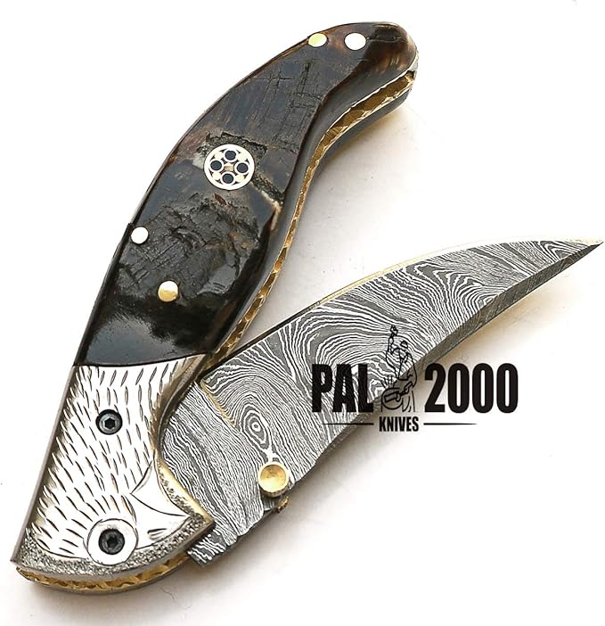 PAL 2000 KNIVES POC-9150 Custom Handmade Damascus Steel Folding Knife With Sheath