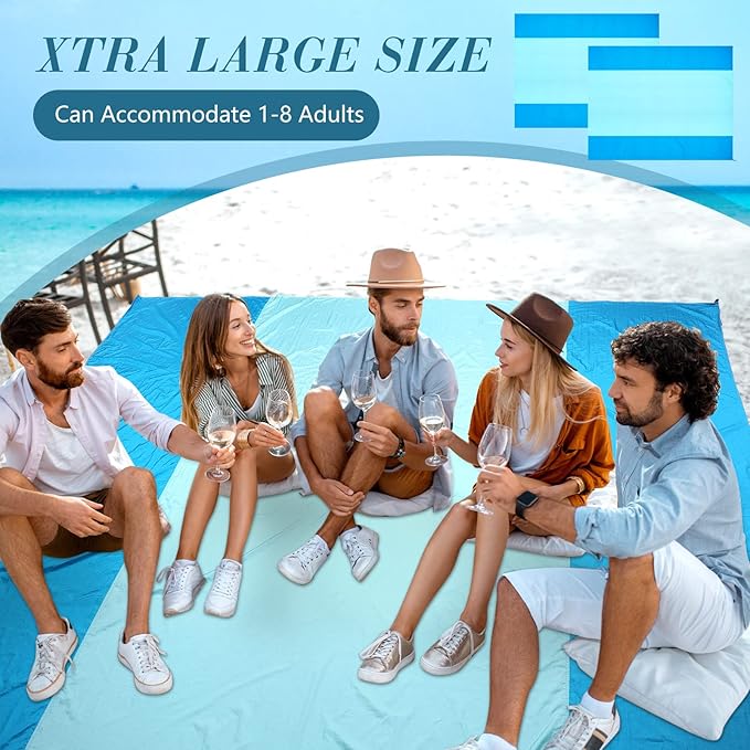 Batiyeer 4 Pcs Beach Blanket Sandproof Extra Large Beach Mat Anti Sand Waterproof Picnic Blanket Lightweight with 16 Stakes for Travel Camping Hiking Picnic (Lake Blue Dark Blue, 120 x 107 Inch)