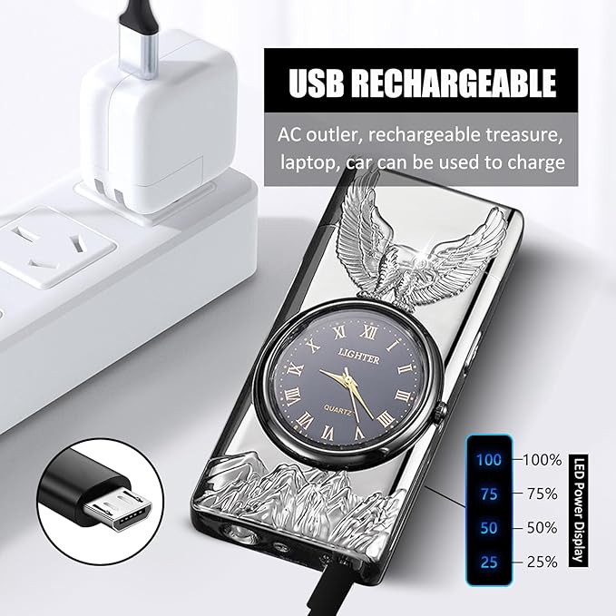 Cool Lighter with Clock Dial Electric Lighter with LED Power Display Plasma Lighter Windproof USB Rechargeable Lighter Gifts for Men Women (Eagle-Silver)