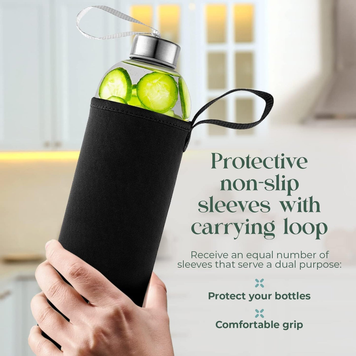 16 Ounce Glass Water Bottles, Reusable Water Bottles with Airtight, Pack of 4, Stainless Steel Lids Carrying Strap And Nylon Water Bottle Protective Sleeves for Hot Or Cold Drinks