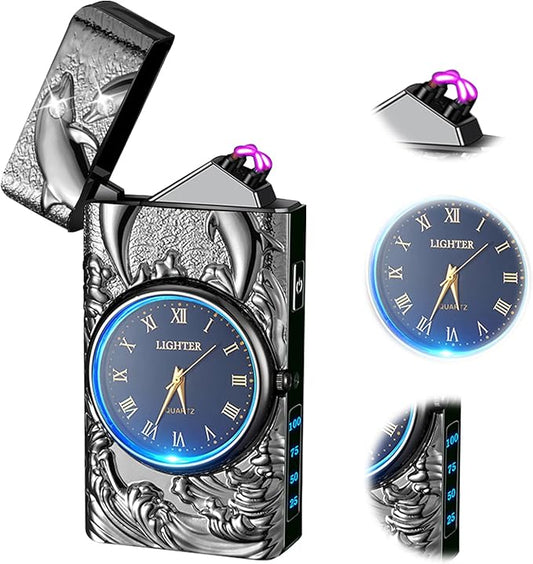 Electric Lighters Rechargeable USB Lighter Flameless Windproof Plasma Arc Lighters with Watch dial Electronic Lighter Candle Unique Fancy Cool Lighters for Candle (Black)