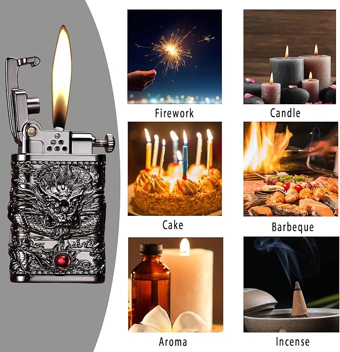 Cool Embossed Design Kerosene Wheel Lighter Refillable Eco-Friendly, Vintage Dazzling & Ultra-Cool, Unique for Men Candles Gift Camping BBQ (No Kerosene) (4#)