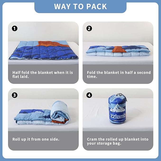 zzlamb Camping Blanket, Lightweight Cloak Puffy Down Alternative Travel Blanket, Portable & Windproof Warm Outdoor Blanket, Cozy Quilt Plane Car Picnic Hammock Beach Backpacking, 52x75in