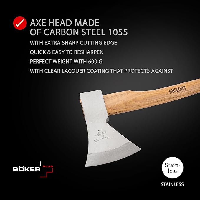BÖKER PLUS® Appalachian Axe Small - Small Carbon Axe with Short Hickory Wood Handle - bushcraft, Outdoor & Survival Axe - Professional Axe with Rhenish Head 21.16 oz Made of Carbon Steel 1055
