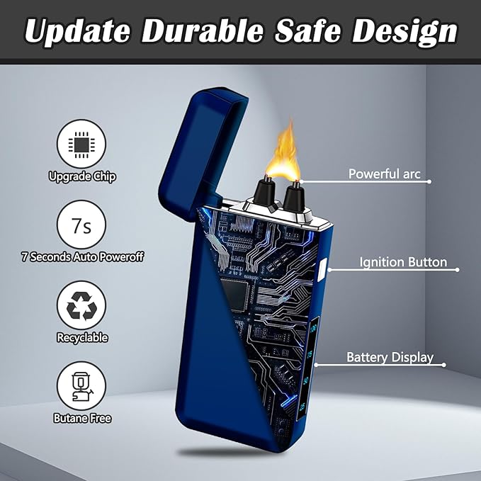SKRFIRE Electric Lighter USB Type-C Rechargeable Plasma Arc Lighter, Windproof Torch Lighter High Power Flame Candle Lighter with LED Battery Indication for Camping, Hiking, Traveling (Blue)
