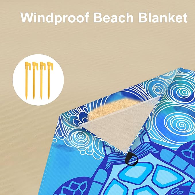 Beach Blanket Waterproof Sandproof, 78''×86'' Large Beach Mat Sand Free with 4 Stakes & Sand Pockets, Lightweight & Compact Foldable Picnic Blanket for Outdoor, Camping Must Have - Ocean Sea Turtle