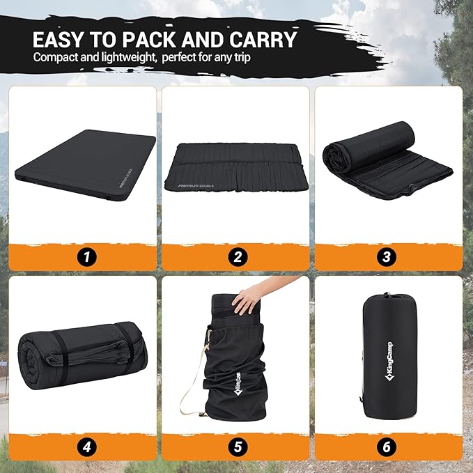 KingCamp Luxury 3D Double Self Inflating Sleeping Pad with 9.5 R Value, Camping Foam Air Mattress, Portable 3 Inch Large Thick for 2 Person, 79.1'' x 50.3'' x 3.0'', Black