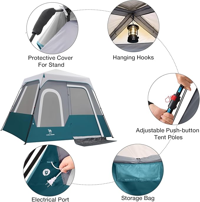 CAMEL CROWN Cabin Tent with 1-Minute Setup, 4/6 Person Instant Tent with Weatherproof Floor