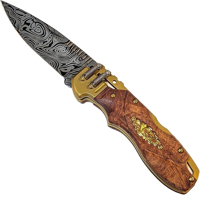NLX 8" Steampunk Design Lockback Pocket Folding Knife With Coated 420 Stainless Steel Blade. For Collection, Everyday Ccarry and Outdoor Activity Tool Knife (Damascus)