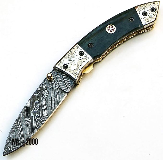 PAL 2000 KNIVES FOL-9455 Handmade Damascus Blade Hunting knife 7.4 Inches Folding Pocket Knife Stained Camel Bone Handle