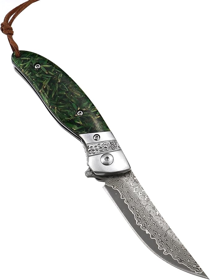 ALBATROSS HGDK028 EDC Sharp Mordern Damascus Folding Pocket Knife with Green paddy Synthetic Material Handle,Ball Bearing Assisted Opening Knives with Liner Lock Tail rope，Gifts/Collections