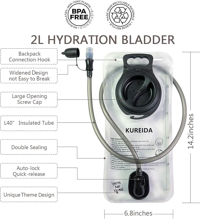 Hydration Bladder 2 Liter Leak Proof Water Reservoir,BPA Free,Wide Opening, Military Water Bladder Combined with Hydration Backpacks for Biking Hiking Running Camping Climbing.
