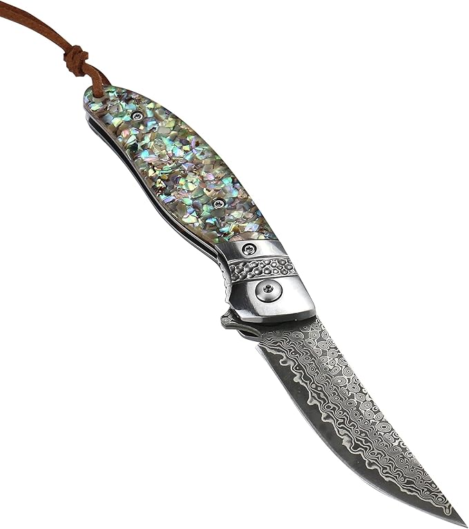 ALBATROSS HGDK028 EDC Sharp Mordern Damascus Folding Pocket Knife with Abalone shell Synthetic Material Handle,Ball Bearing Assisted Opening Knives with Liner Lock Tail rope，Gifts/Collections