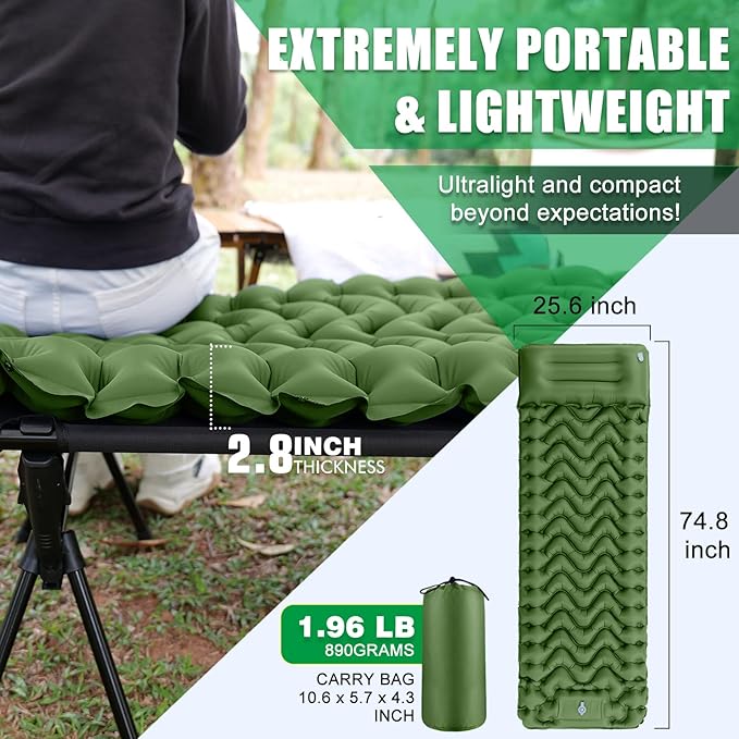 Sleeping Pad for Camping - Ultralight Inflatable Sleeping Mat with Pillow Built-in Foot Pump, Durable Compact Camping Air Mattress for Backpacking Hiking Tent Traveling
