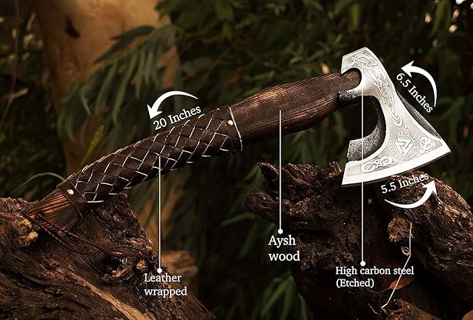 Hand Forged Etched Viking Axe – 20” inches Ash Wood Handle Camping Axe with Leather Sheath – High Carbon Steel Hatchets and Axes, Wood Splitting Axe, Throwing Axes - Gift for HIM (Valknut Axe)