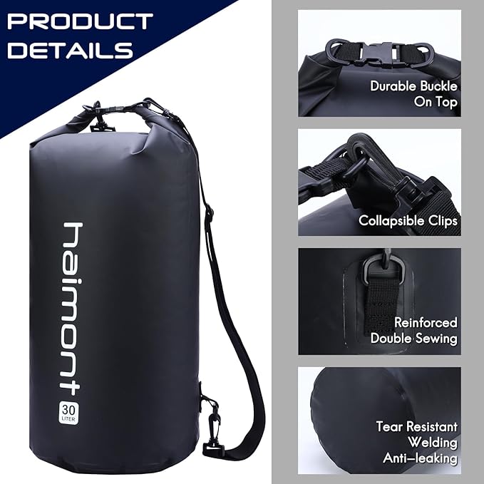 Haimont Waterproof Dry Bag Floating Dry Sack Roll Top Drybag Backpack for Kayaking, Rafting, Boating, Fishing with IPX8 Waterproof Phone Case, Black, 30L