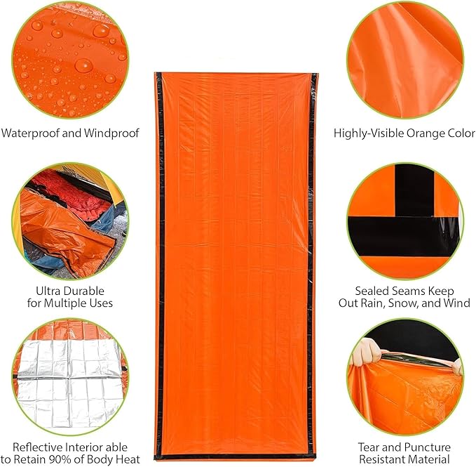 Emergency Sleeping Bag, 2 Pack Portable Thermal Bivy Sack, Waterproof Lightweight Emergency Blanket Survival Gear with Compass and Whistle for Camping Hiking Outdoor Adventure