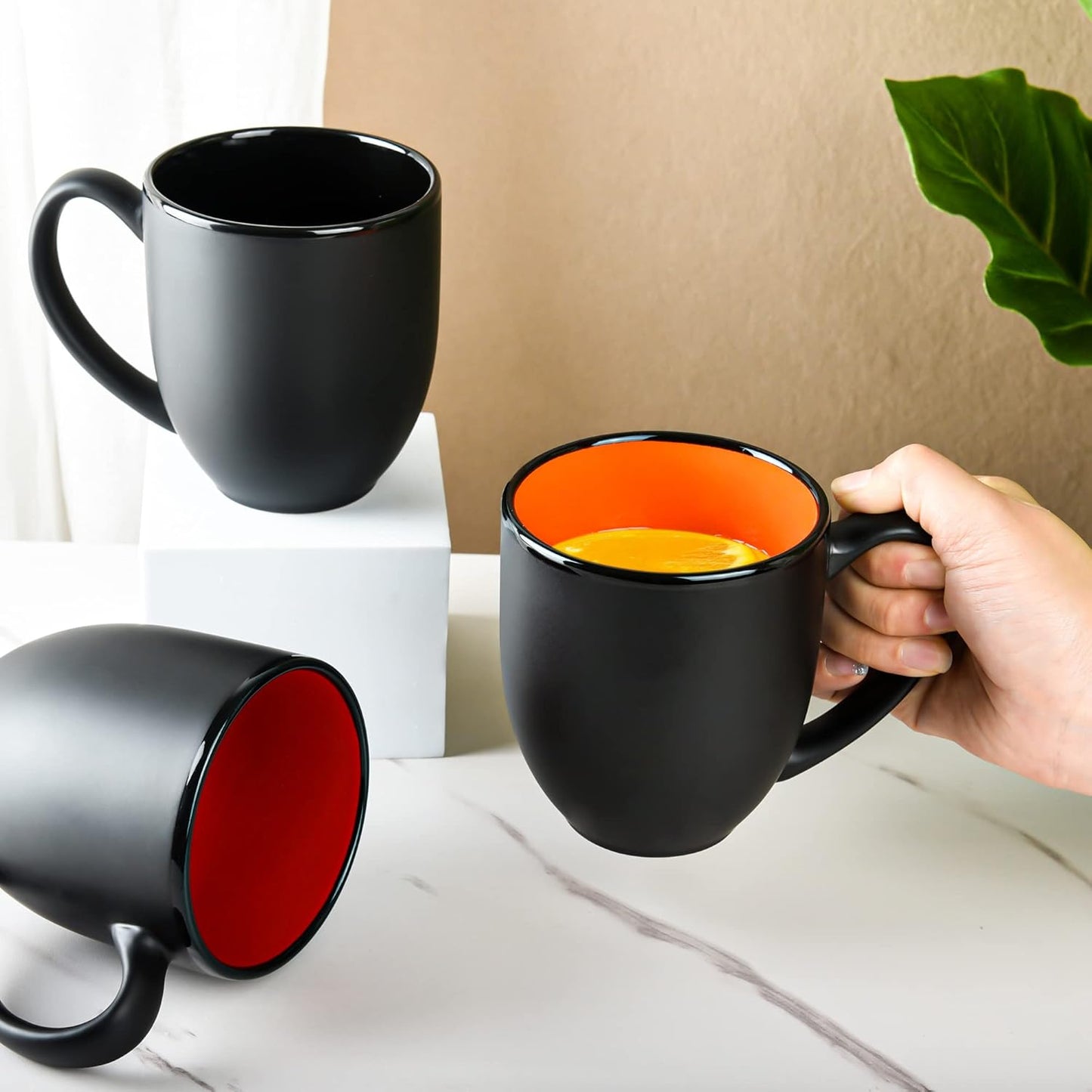 16oz ceramic Coffee Mug Sets with Large Handles Matte Black Porcelain Mug Multiple colors Cups for Coffee, Tea, Juice, Cocoa Set of 6 (16oz)
