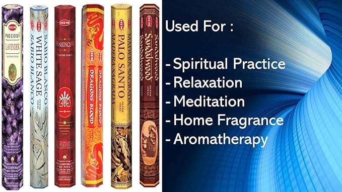 Hem Incense Sticks | 6 Boxes X 20 Sticks Each |Lavender,White Sage, Frankincense,Dragon Blood, Palo Santo & Sandalwood| - Total 120 Sticks