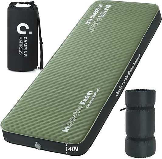 Self Inflating Sleeping Pad, 4in Ultra-Thick Foam Camping Cot Mattress with Air Pump Sack, Sleeping Mat for Adults Inflatable Camping Pad Mattress, Cot Bed, Travel, Car, Tent, Home, Army Green