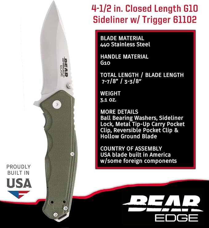 Bear Edge G10 Sideliner, 3 3/8” 440 High Carbon Stainless Steel Blade, Green G10 Handle, Trigger Open and Reversible Pocket Clip (61102)