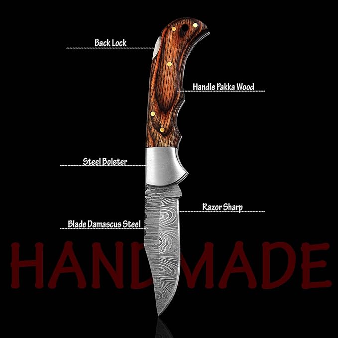 Handmade Damascus Pocket Knife for Men - 6.5 Inches Damascus Folding Knife with Sheath - Pocket Knives and Folding Knives with Back Lock - Best for EDC, Camping, Fishing and Hiking, Brown, HA786