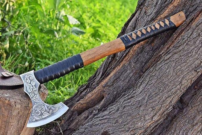 Viking Axe, Custom Handmade Carbon Steel Small Bearded Camping Axe, Rosewood Handle Camping Hatchet with Sheath 20 Inches Ax