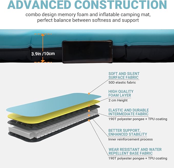 KingCamp Ultrathick Self-Inflating Camping Mat - 4" Memory Foam Sleeping Pad for Backpacking, Traveling, Hiking, Car Camping - Lightweight 4-Season Camping Mattress