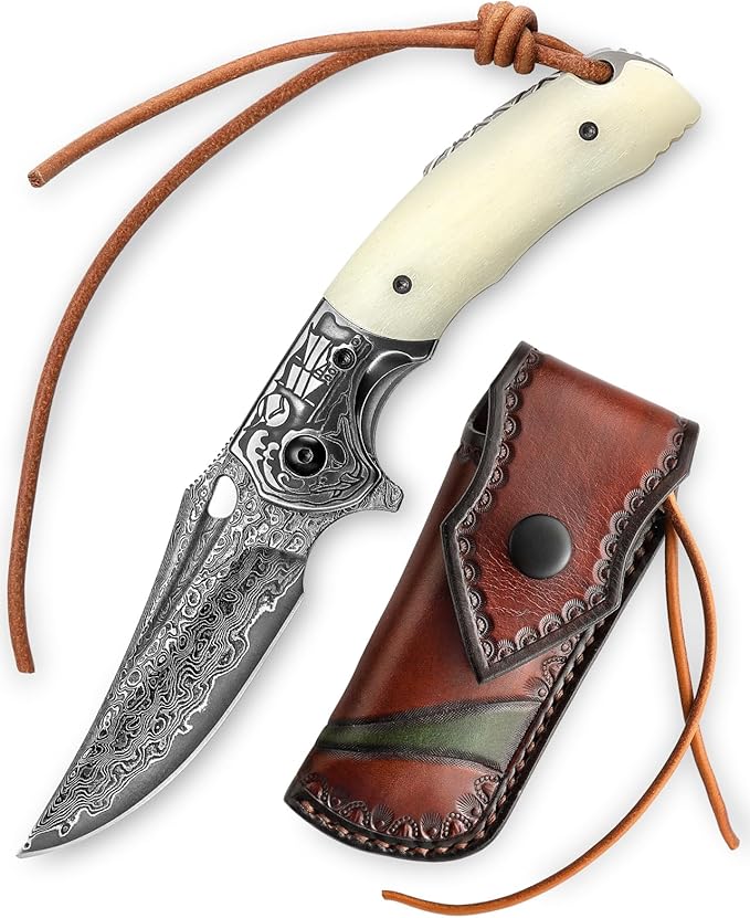 Pocket EDC Knife for Men, Folding Knife with Clip， 3.15" Damascus Steel Blade，OX Bone Handle, Leather Sheath for Camping Hiking knife，Puppis-02W