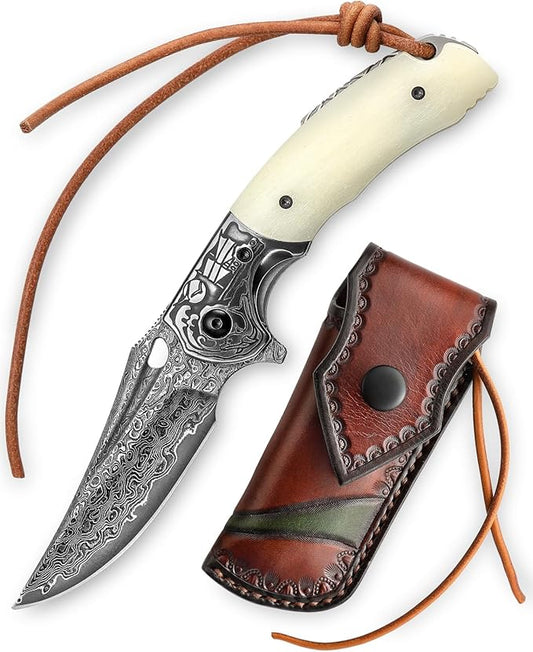Pocket EDC Knife for Men, Folding Knife with Clip， 3.15" Damascus Steel Blade，OX Bone Handle, Leather Sheath for Camping Hiking knife，Puppis-02W