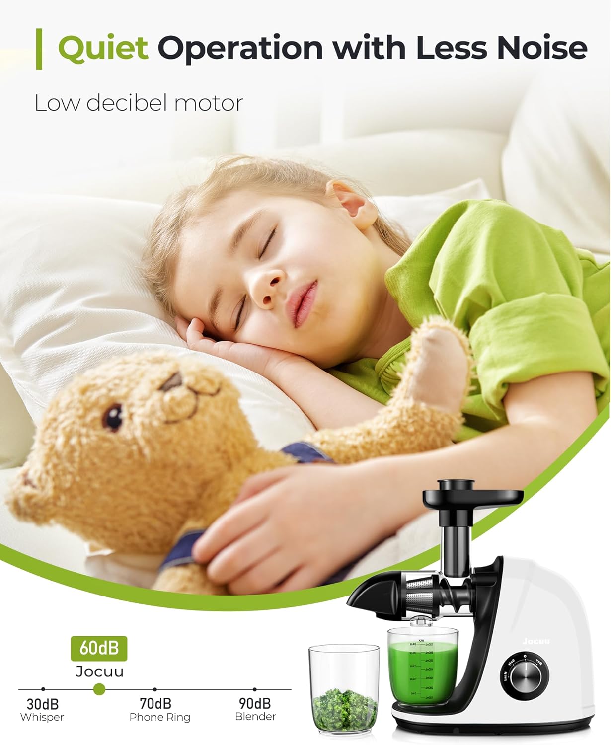 Jocuu Slow Masticating Juicer with 2-Speed Modes - Cold Press Juicer Machine - Quiet Motor & Reverse Function - Easy to Clean Juicer Extractor - Juice Recipes for Fruits & Vegetables (White)